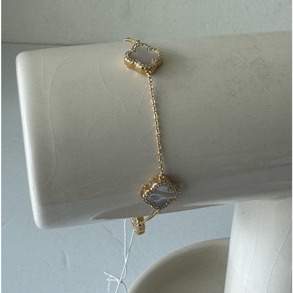 Rachel Zoe Gold Plated 925 Ster Silver Revers Bracelet Pave 3 Clover Moth OPearl - Picture 4 of 15